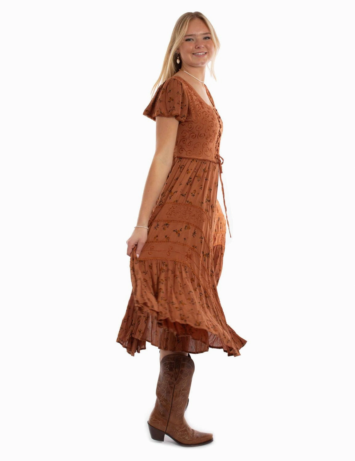 Scully Womens Soutache Rose Print Rust 100% Rayon Cap Sleeve Dress Lightweight Comfort LayeredHemline