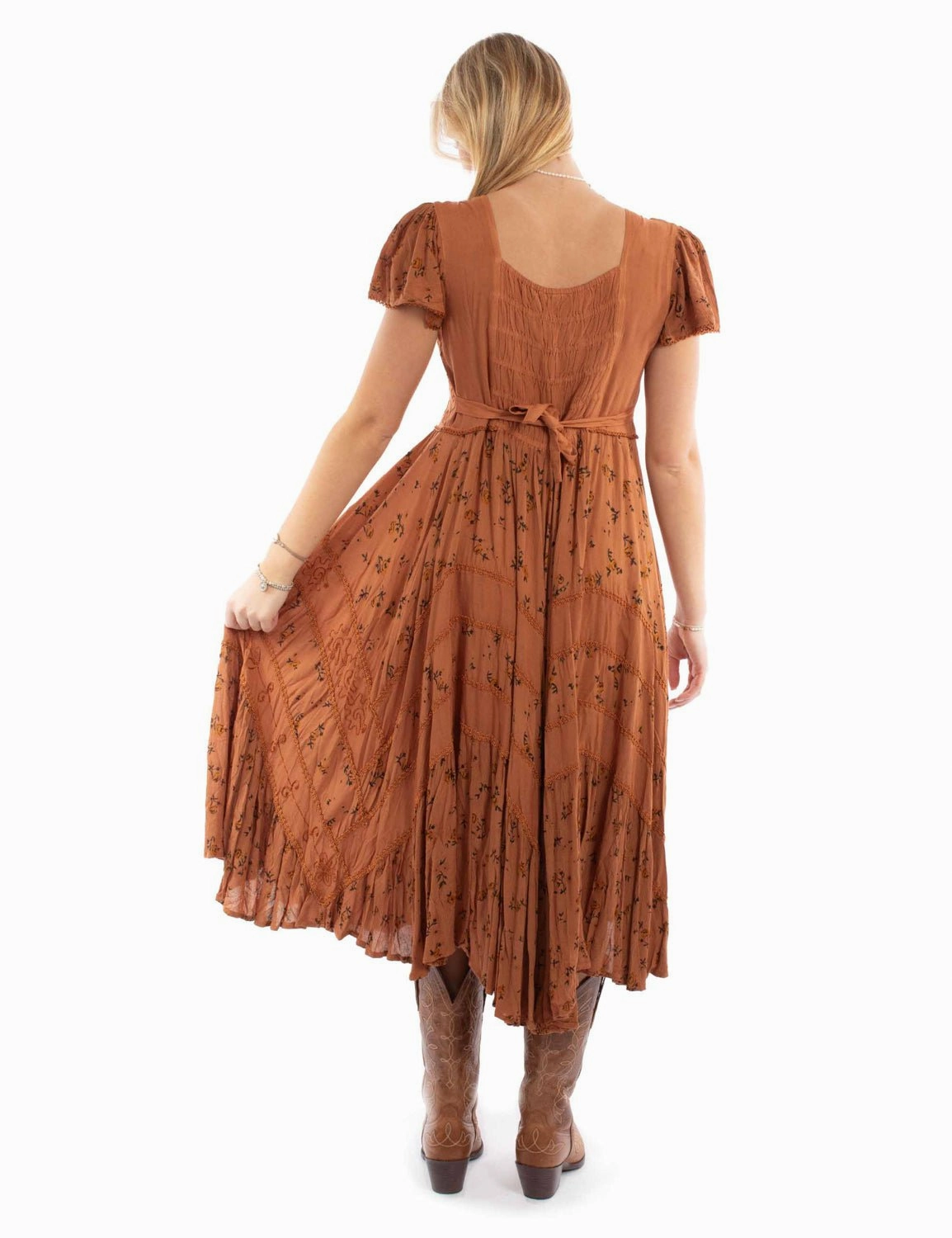 Stretchable Material Breathable mesh lining Scully Womens Soutache Rose Print Rust 100% Rayon Cap Sleeve Dress