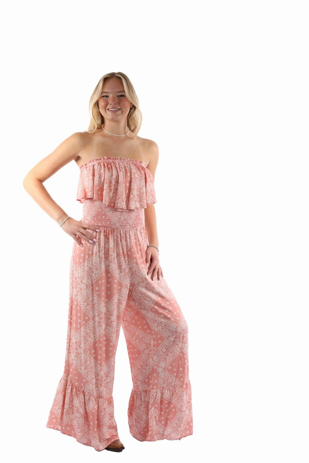 Travel Outfit Casual Stretch Work Ready Neutral Scully Womens Strapless Ruffle Trim Dusty Pink Lyocell S/L Jumpsuit