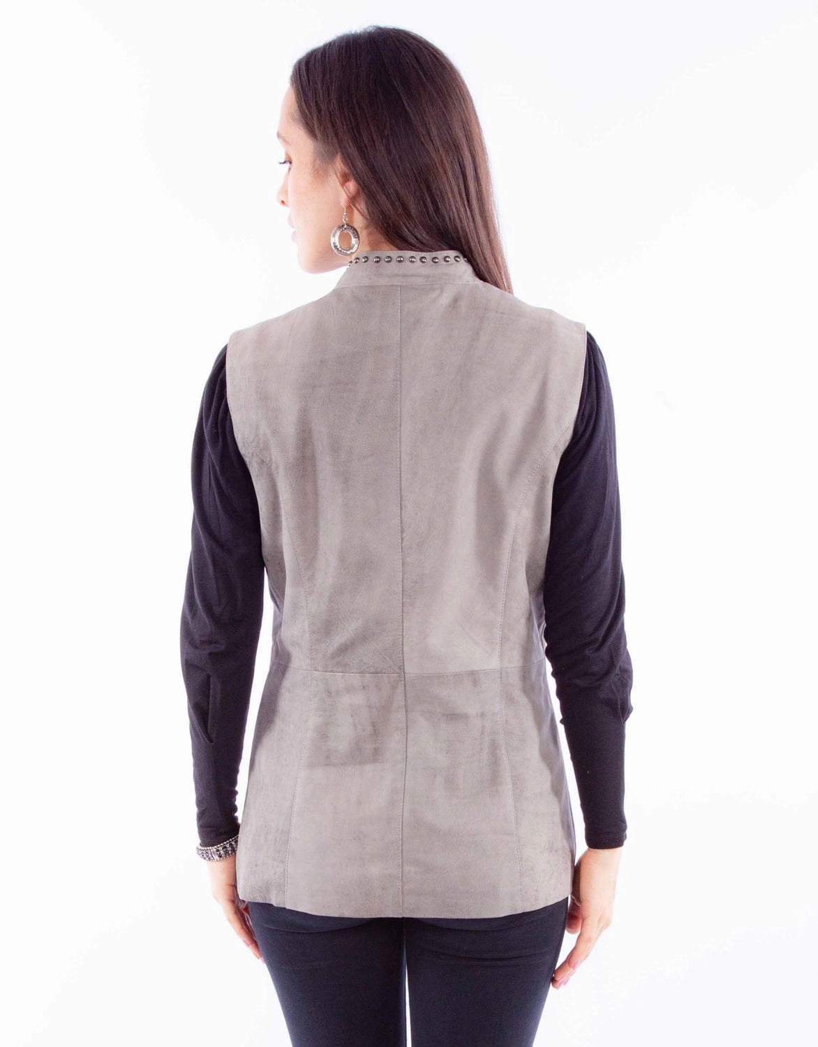 Scully Womens Studded Button Up Grey Leather Leather Vest Breathable Lining Design Wind Resistant