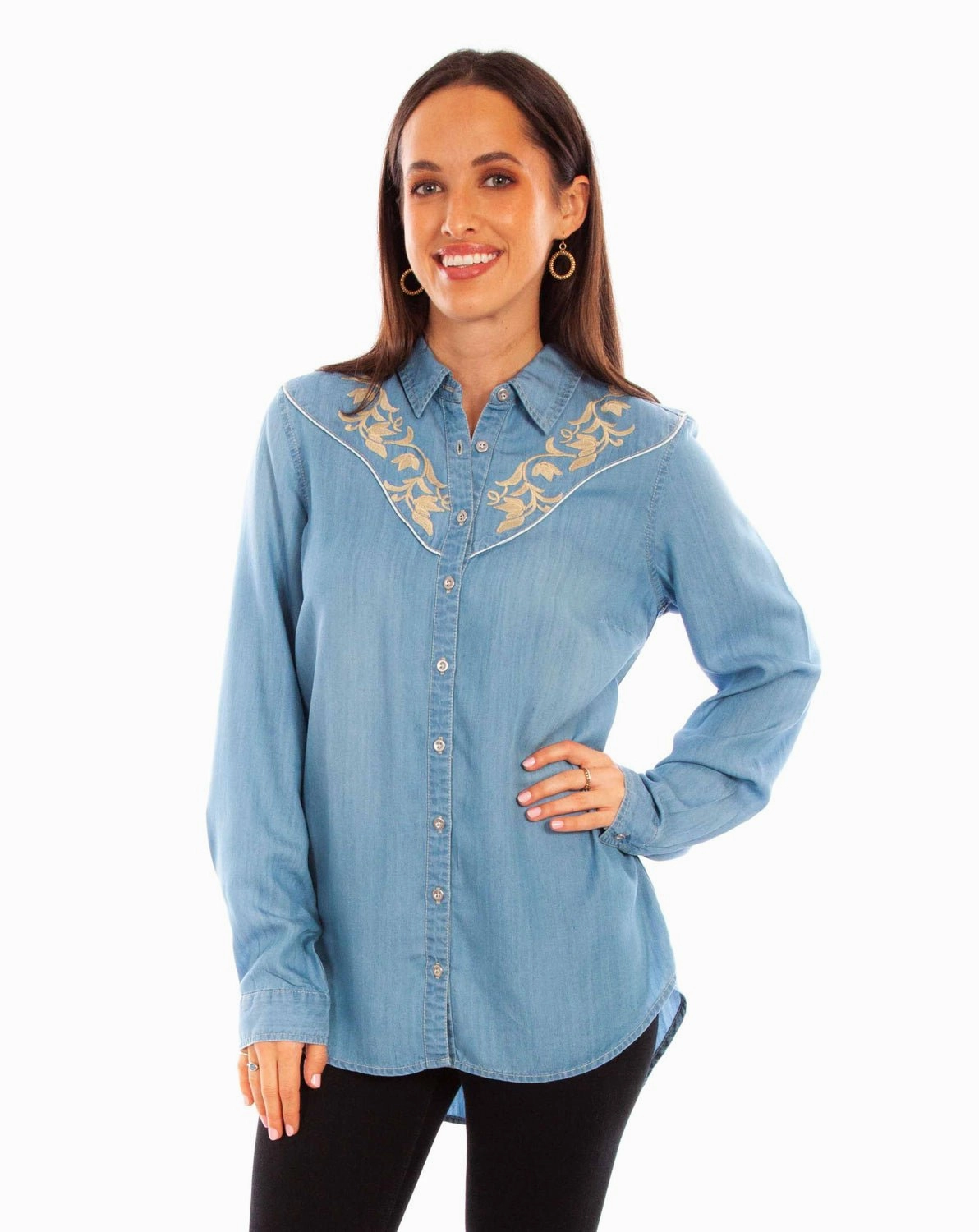 Tailored Cuffs Scully Womens Tan Embroidery Blue 100% Tencel L/S Shirt