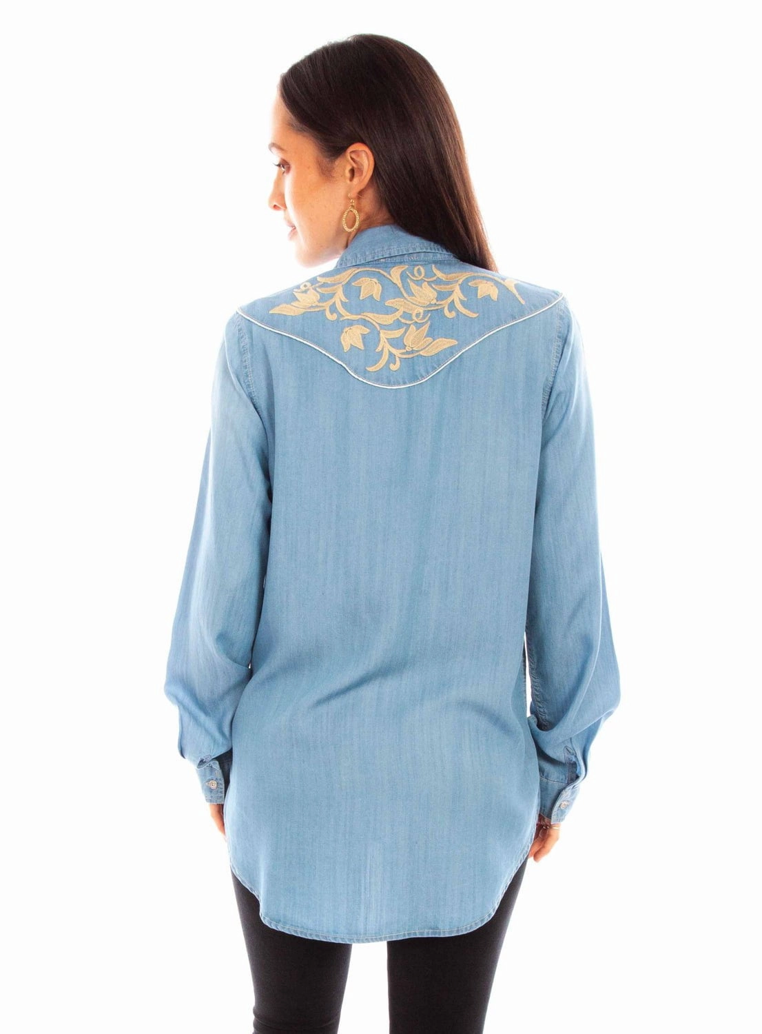 Textured Finish Scully Womens Tan Embroidery Blue 100% Tencel L/S Shirt