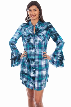 Light Cloud Satin-Edge Scully Womens Teal Rayon Western Shirt L/S Dress