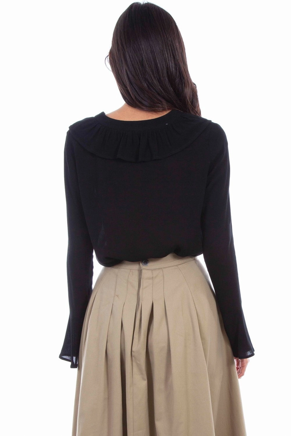 Scully Womens Tie Front Ruffle Black 100% Rayon L/S Blouse Errand Ready Trendy Apparel