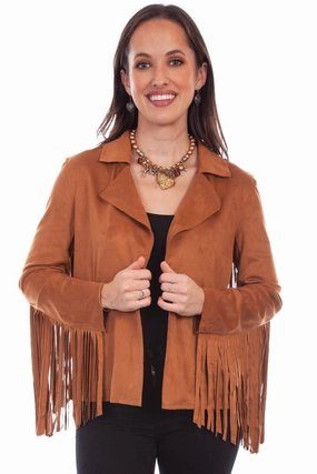 Heat Sealed Edges Scully Womens Trendy Fringe Brown Polyester Blend Faux Leather Jacket