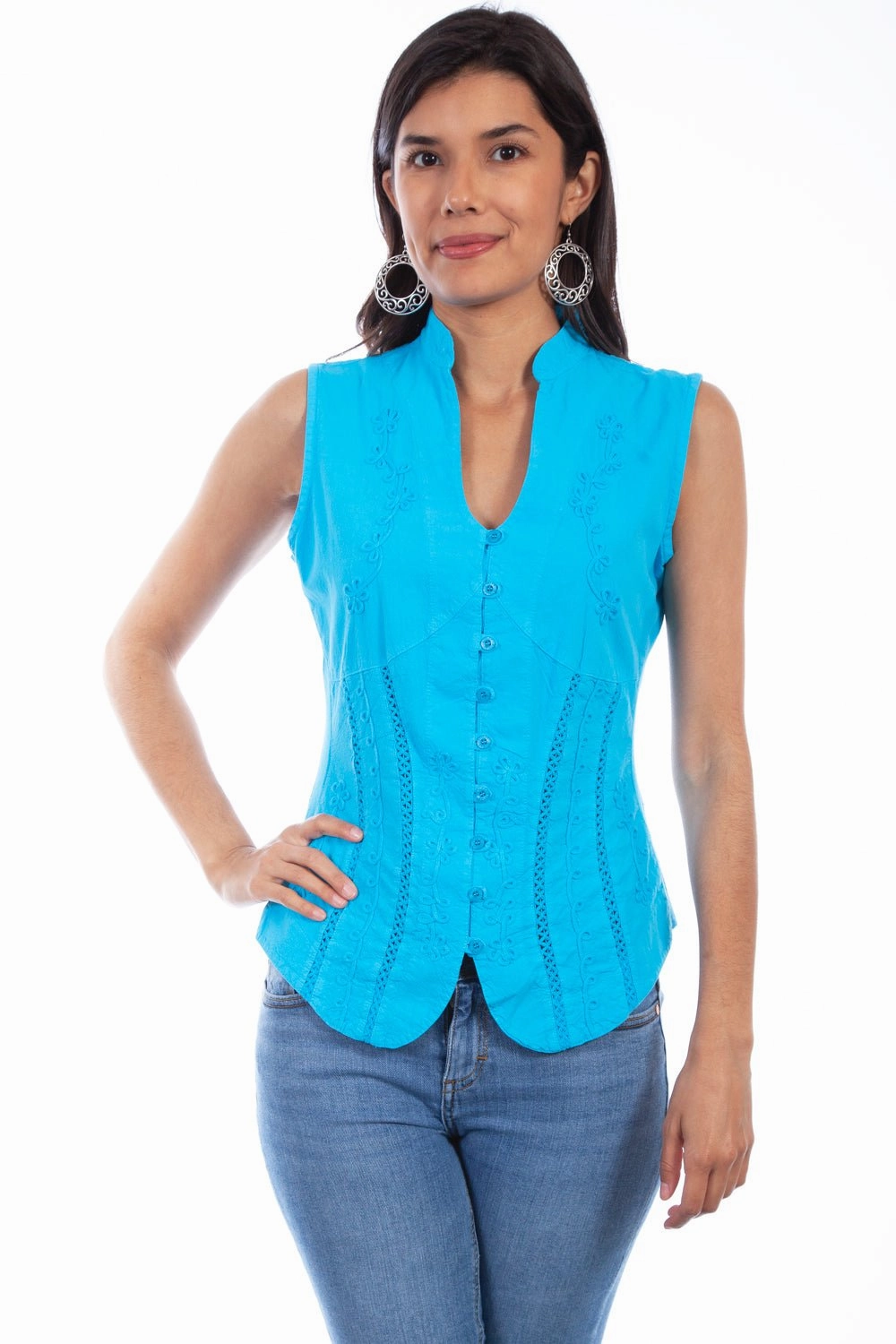 Scully Womens Turquoise 100% Cotton Soutache S/L Blouse Anti Static Lining