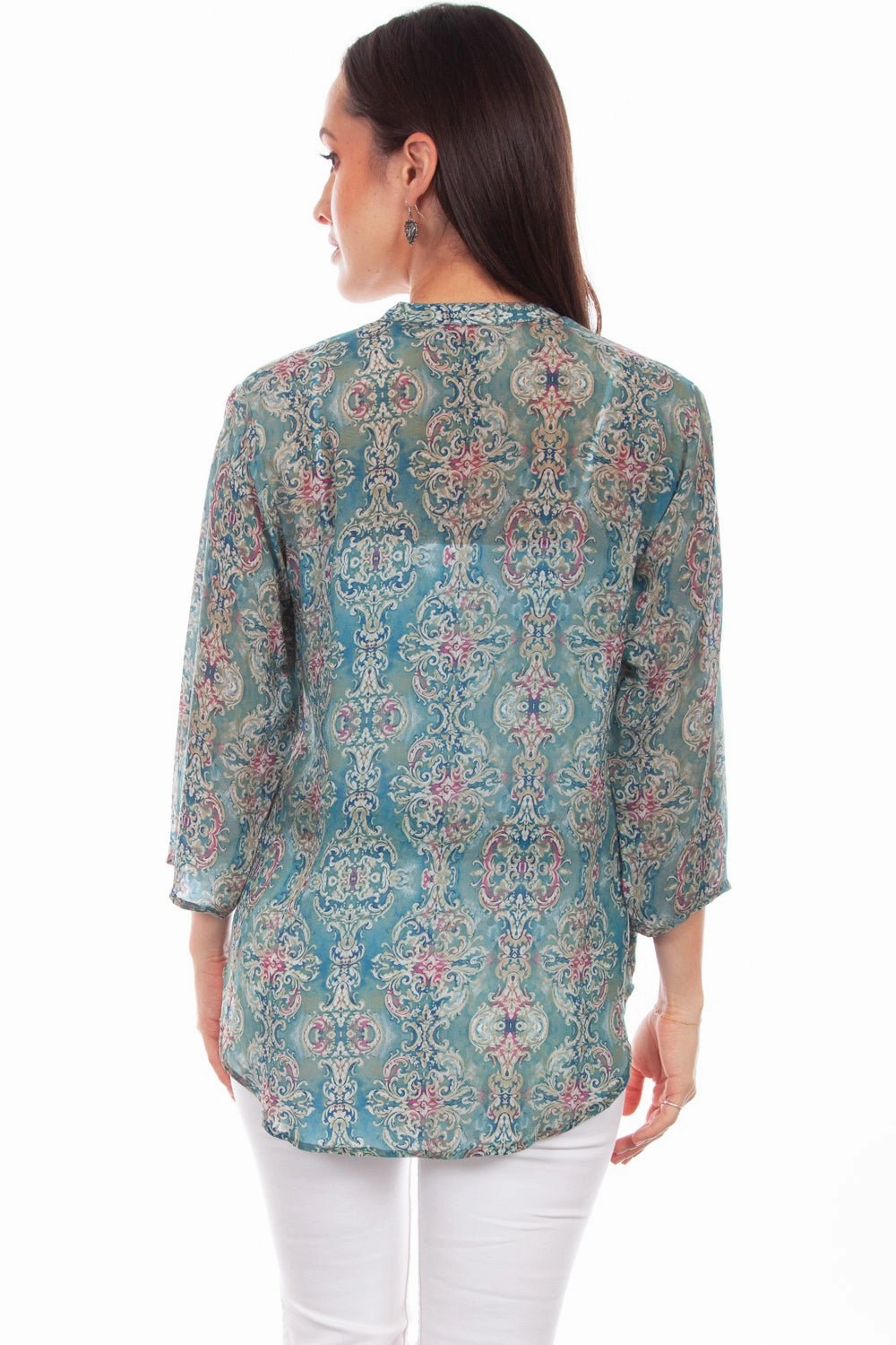 Fashion Statement Scully Womens Turquoise Rayon Classic Print S/S Blouse