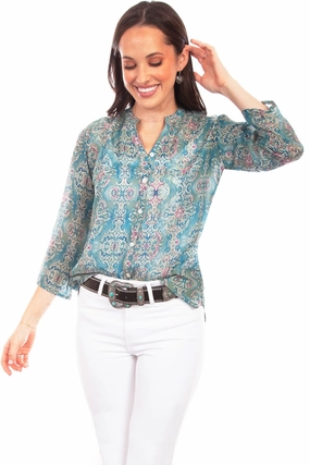 Scully Womens Turquoise Rayon Classic Print S/S Blouse Functional Pocket
