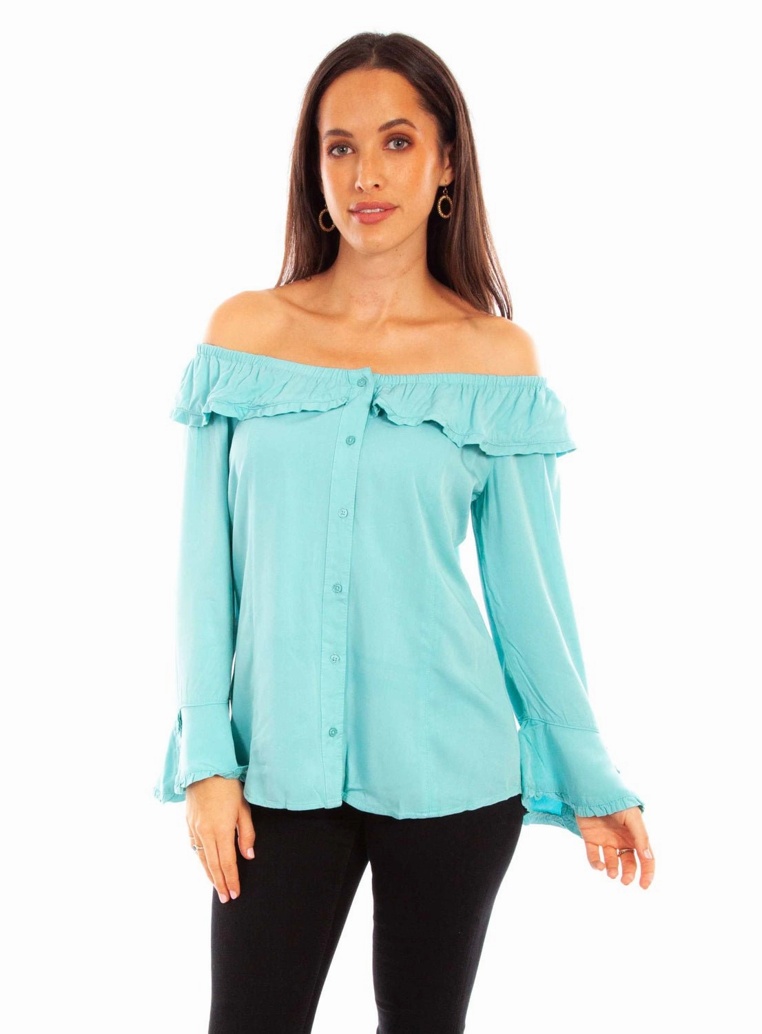 Practical-Style Relaxed Look Scully Womens Turquoise Rayon Drapey Ruffle L/S Dress