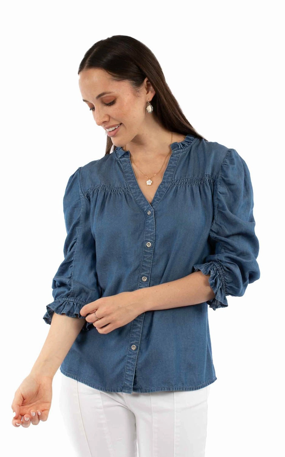 Scully Womens V-neck Ruffle Detail Blue Lyocell 3/4 Sleeve S/S Blouse Inner Layer
