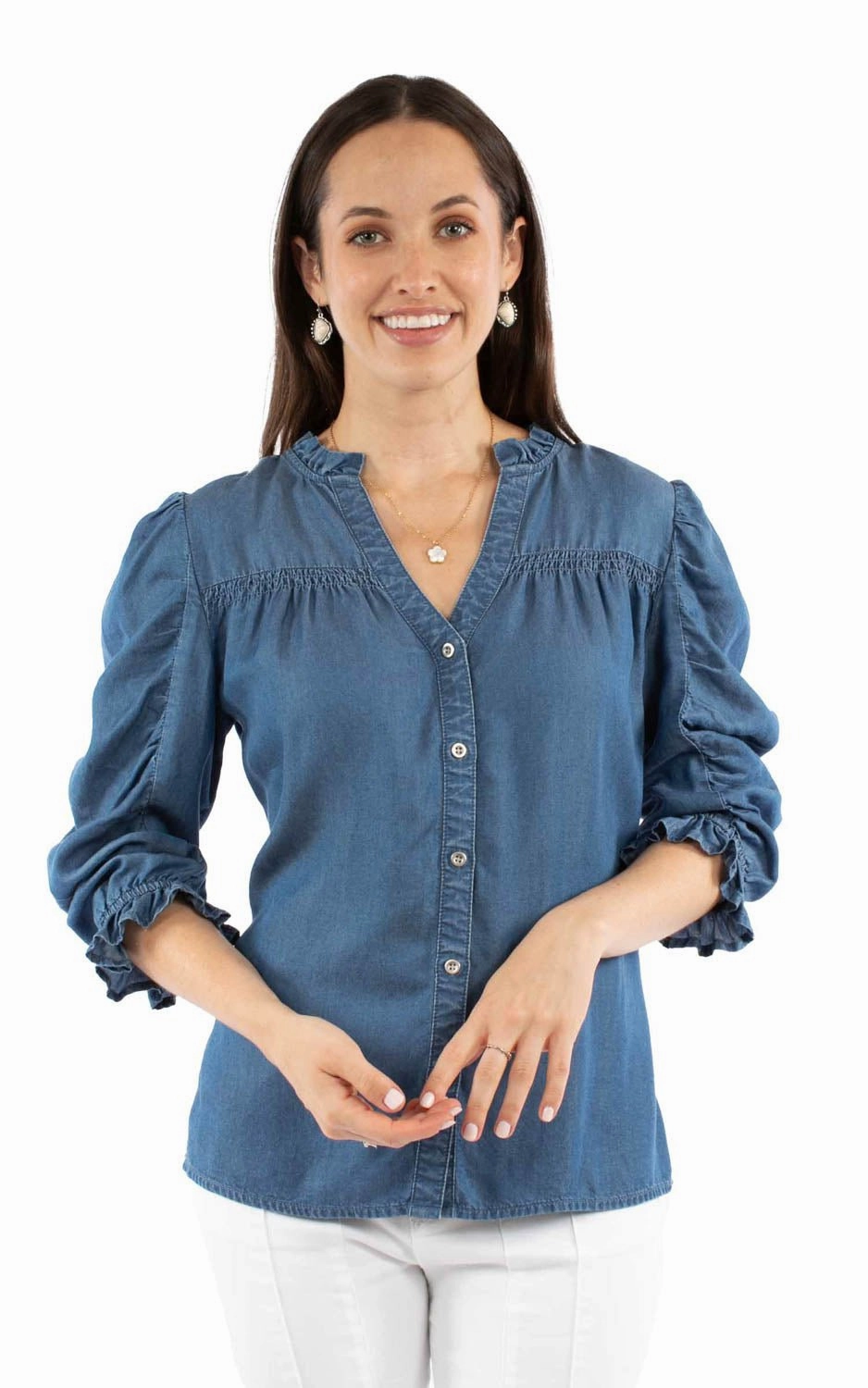 Night Out Scully Womens V-neck Ruffle Detail Blue Lyocell 3/4 Sleeve S/S Blouse