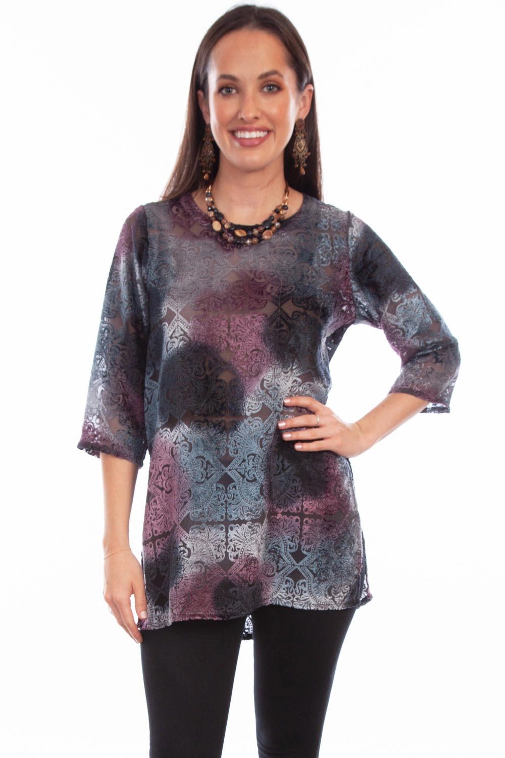 Subtle Print Midweight Textile Scully Womens Velvety Pattern Bordeaux Nylon Viscose 3/4 Sleeve S/S Tunic