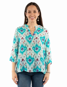 Scully Womens Vibrant Mandarin Collar Aqua Viscose 3/4 Sleeve S/S Blouse Earthy Palette Urban Fashion