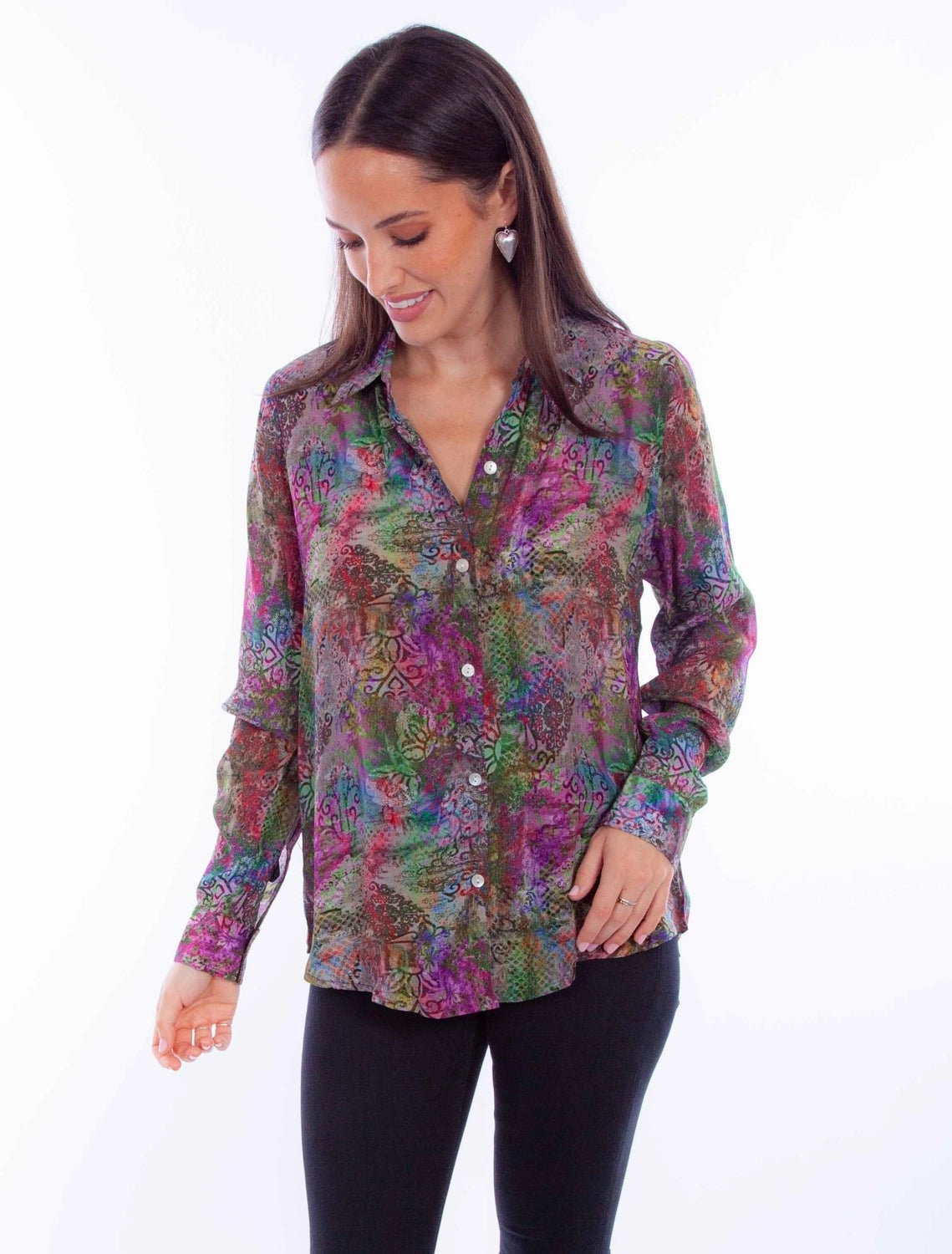 Contemporary Style Outerwear Companion Scully Womens Vivid Distressed Multi-Color Rayon L/S Blouse