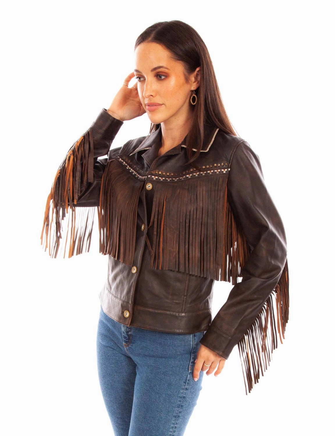 Compression Fit Scully Womens Western Fringe Chocolate Leather Leather Jacket