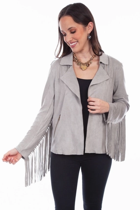 Scully Womens Western Fringe Light Grey Poly/Spandex Faux Leather Jacket Windproof Construction