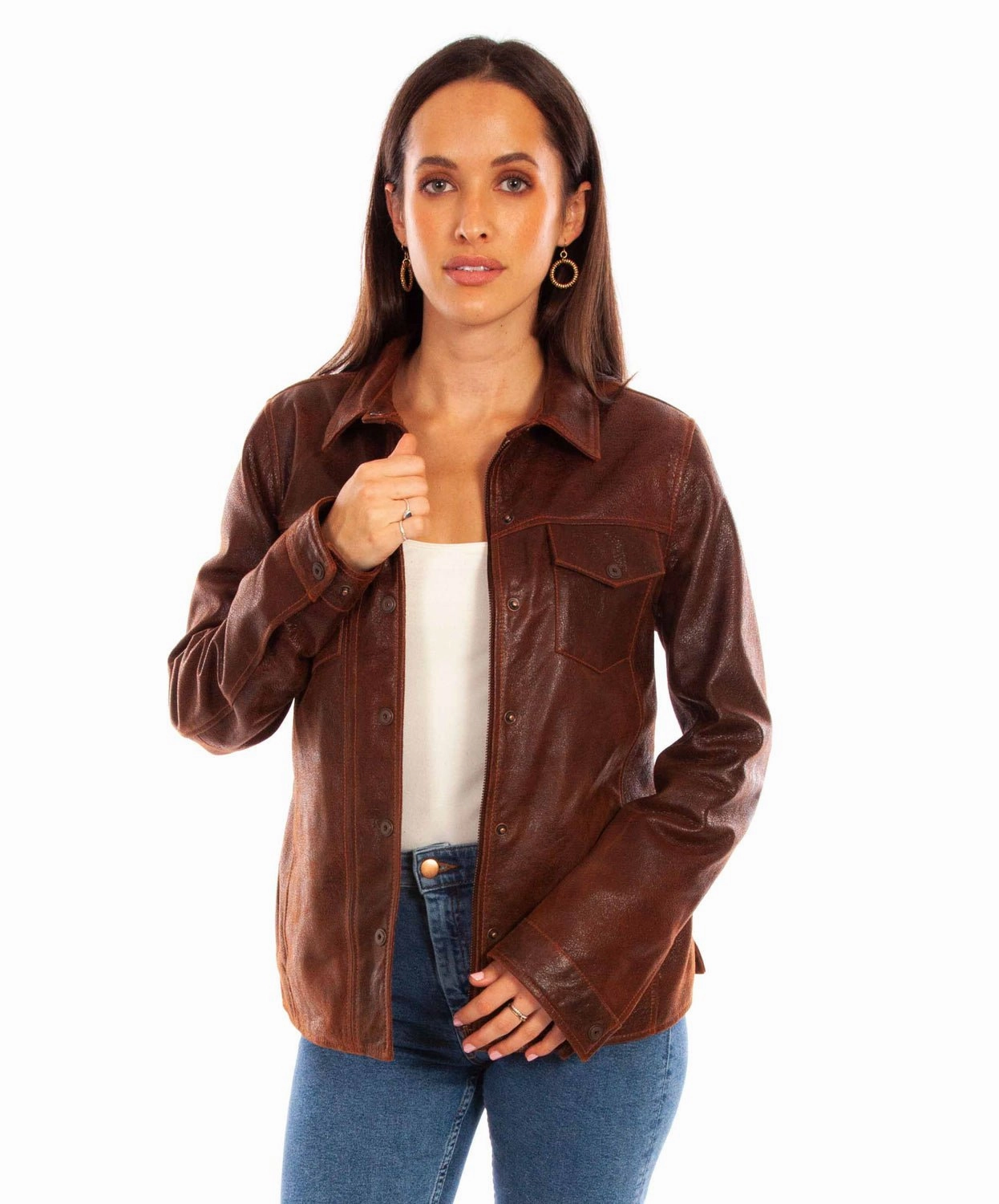 Autumn Vibe Scully Womens Western Snap Front Brown Leather Leather Jacket