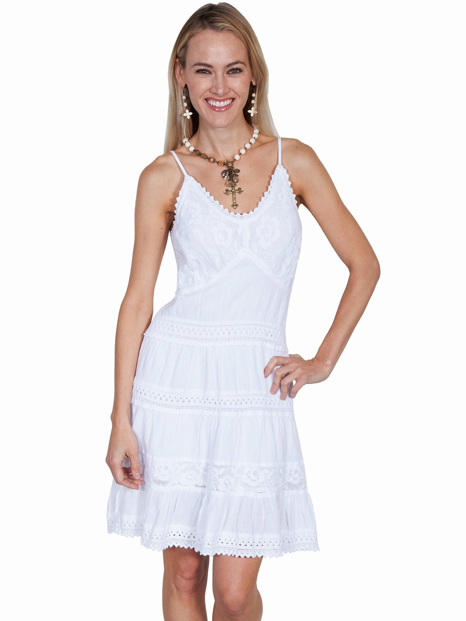 Scully Womens White 100% Cotton Crochet S/L Dress Fast Chic Tulle Flow