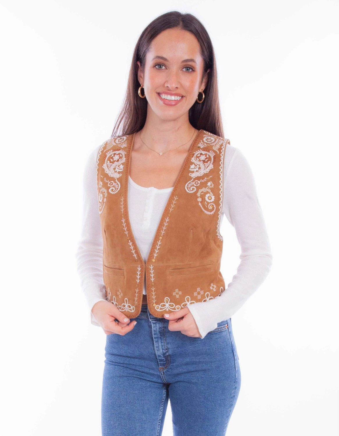 Scully Womens White Embroidery Vin Rust Leather Leather Vest Neutral palette