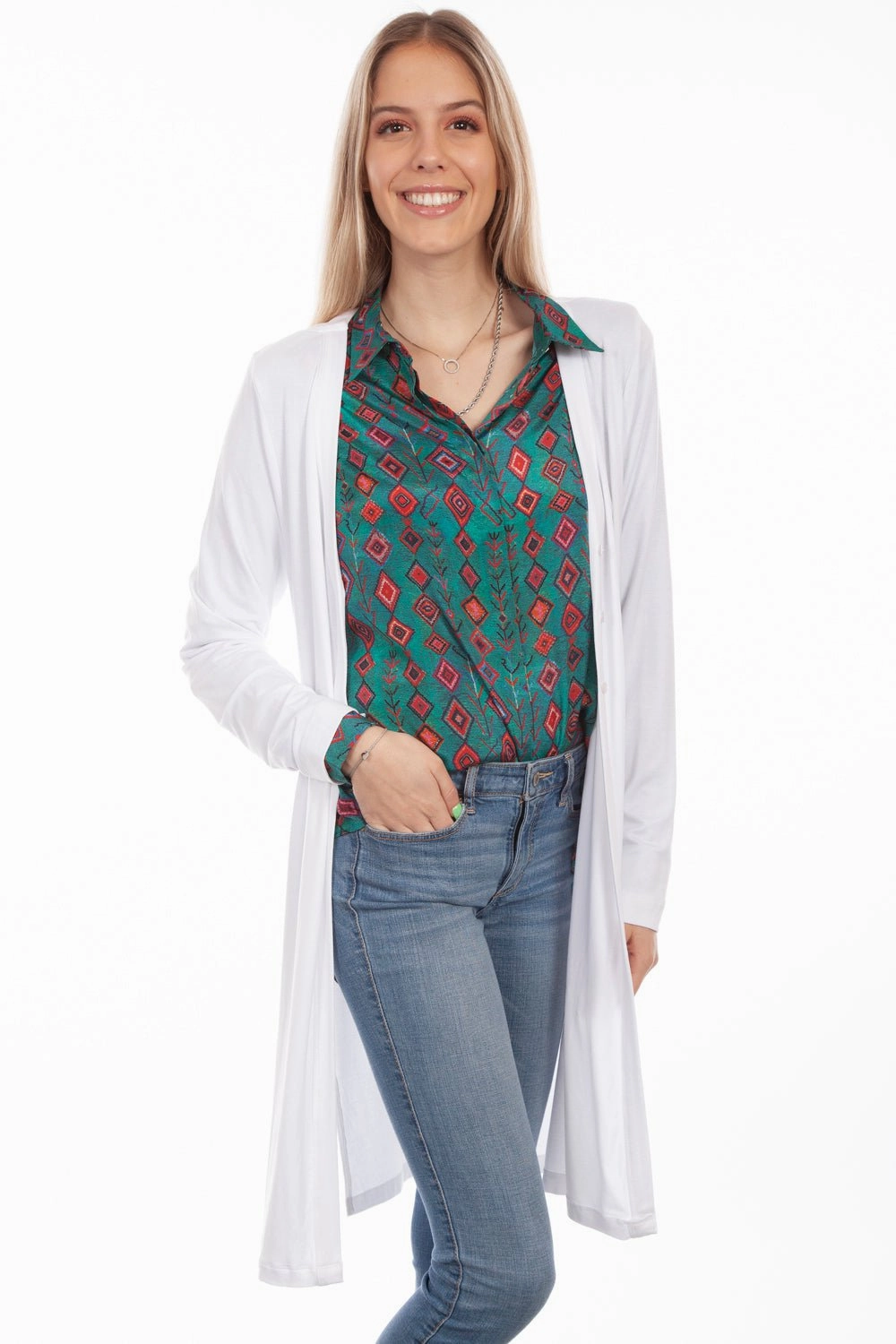 Scully Womens White Viscose Side Slit Cardigan Sleek Outdoor Look