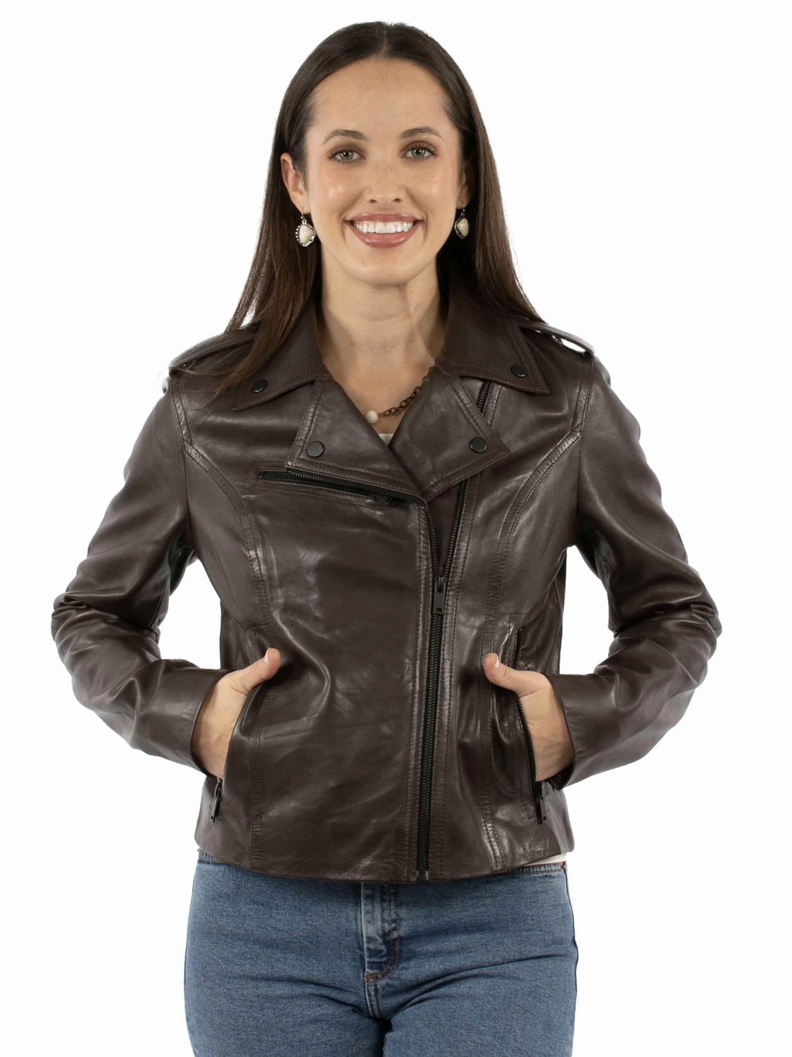 ZipperClosure Essential Casual Look Scully Womens Wide Notched Collar Brown Lamb Leather Leather Jacket