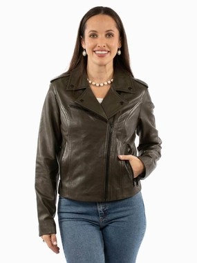 Scully Womens Wide Notched Collar Olive Lamb Leather Leather Jacket Taped Neckline