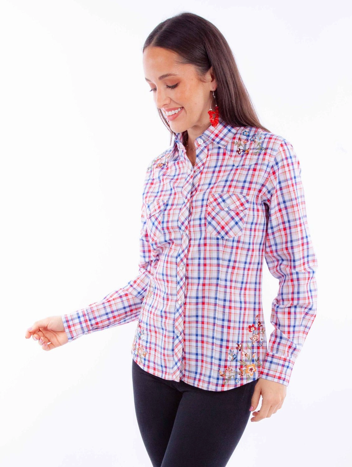 slim fit Non Iron Fabric Scully Womens Yarn Dyed Check Red/White/Blue 100% Cotton L/S Blouse