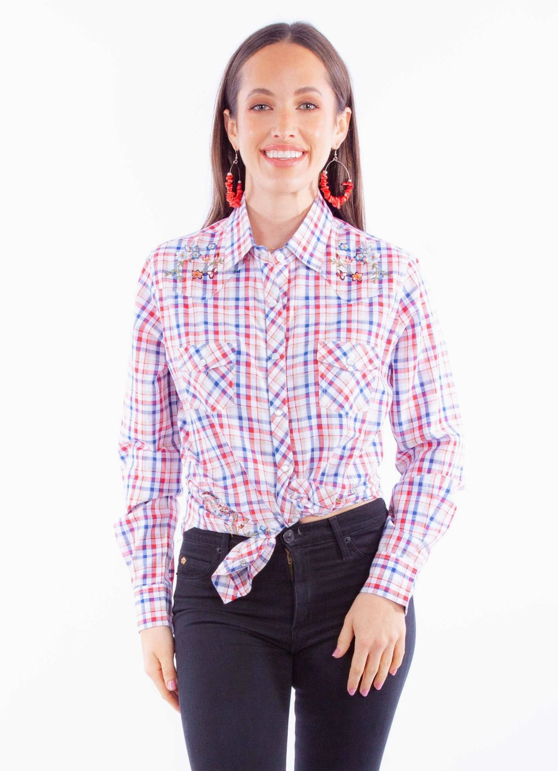 Fashion Statement Scully Womens Yarn Dyed Check Red/White/Blue 100% Cotton L/S Blouse