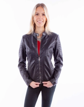 Long Sleeves ReflectiveTrimDetails Scully Womens Zip Cafe Racer Black Lamb Leather Leather Jacket