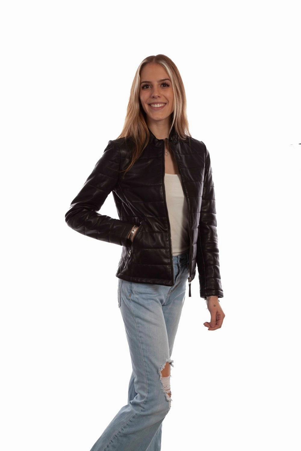 Frictionless Inner Layer Contemporary Fit Scully Womens Zip Front Ribbed Black Lamb Leather Leather Jacket