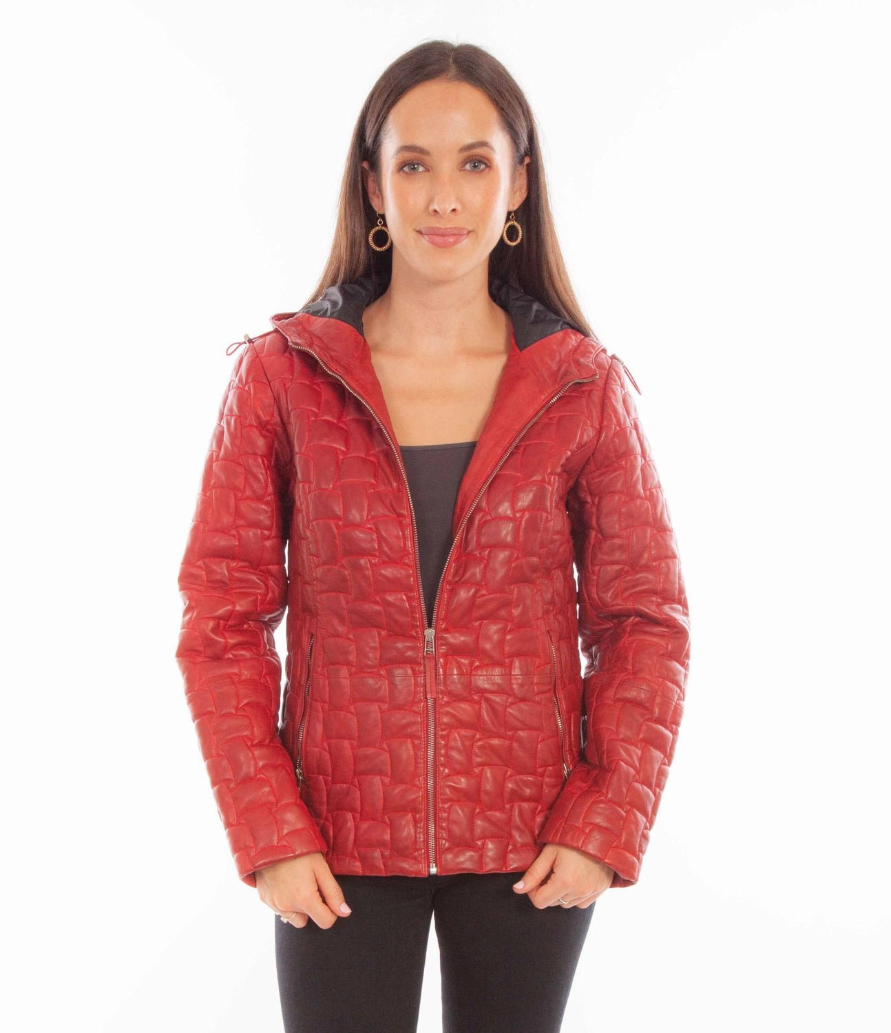 Zipper Closure Mechanism Adjustable Hood Scully Womens Zip Quilted Hooded Red Leather Leather Jacket