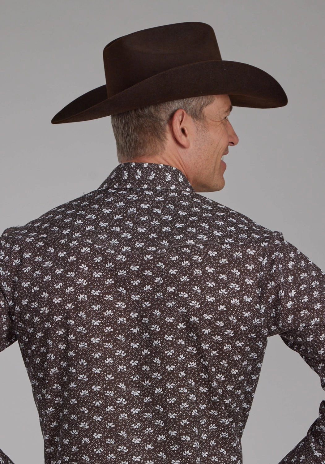 Long Sleeve Tailored Cut Roper Mens Floral Print Brown/Cream Cotton Blend L/S Shirt