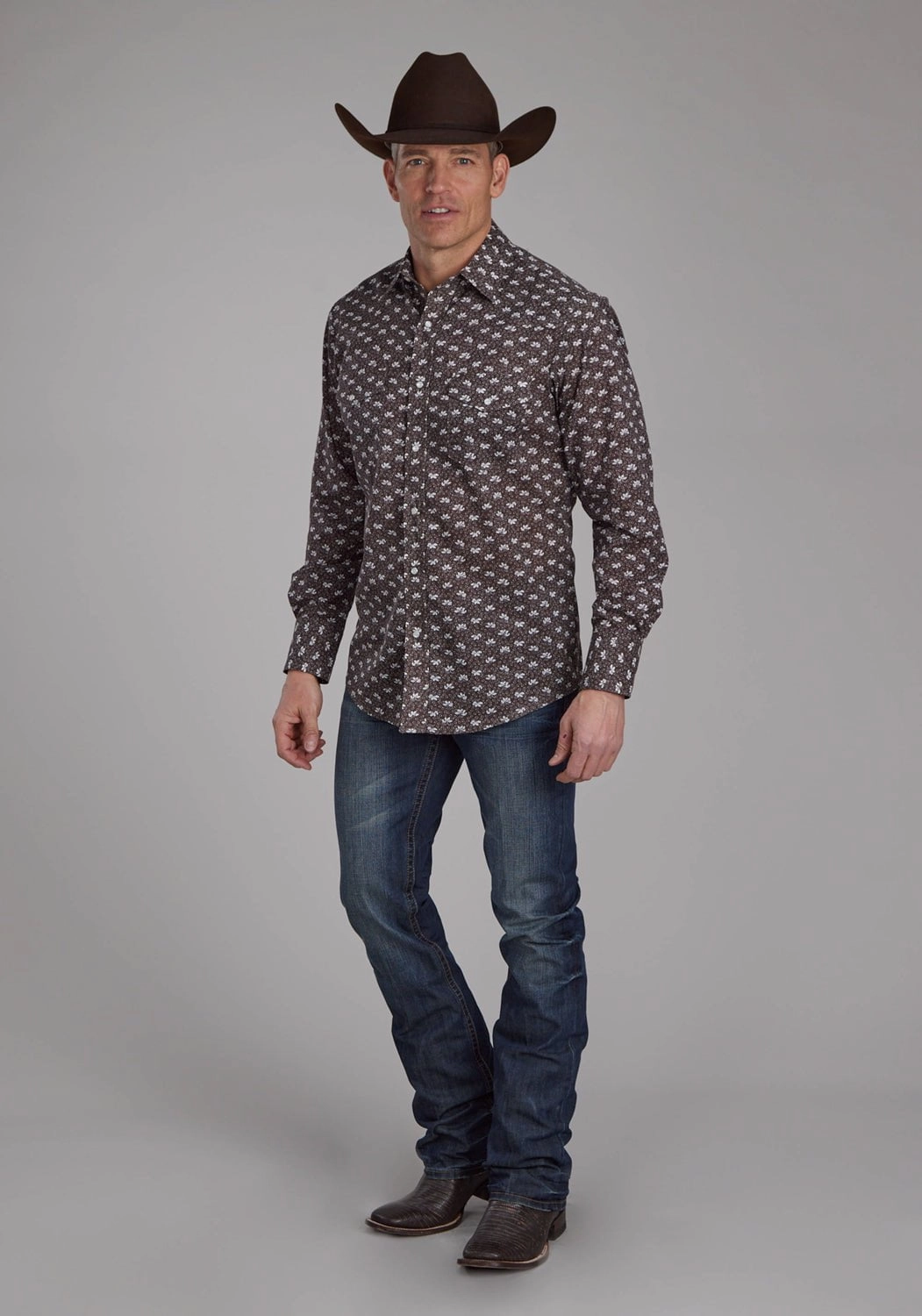 Roper Mens Floral Print Brown/Cream Cotton Blend L/S Shirt Lightweight Construction Contemporary Style