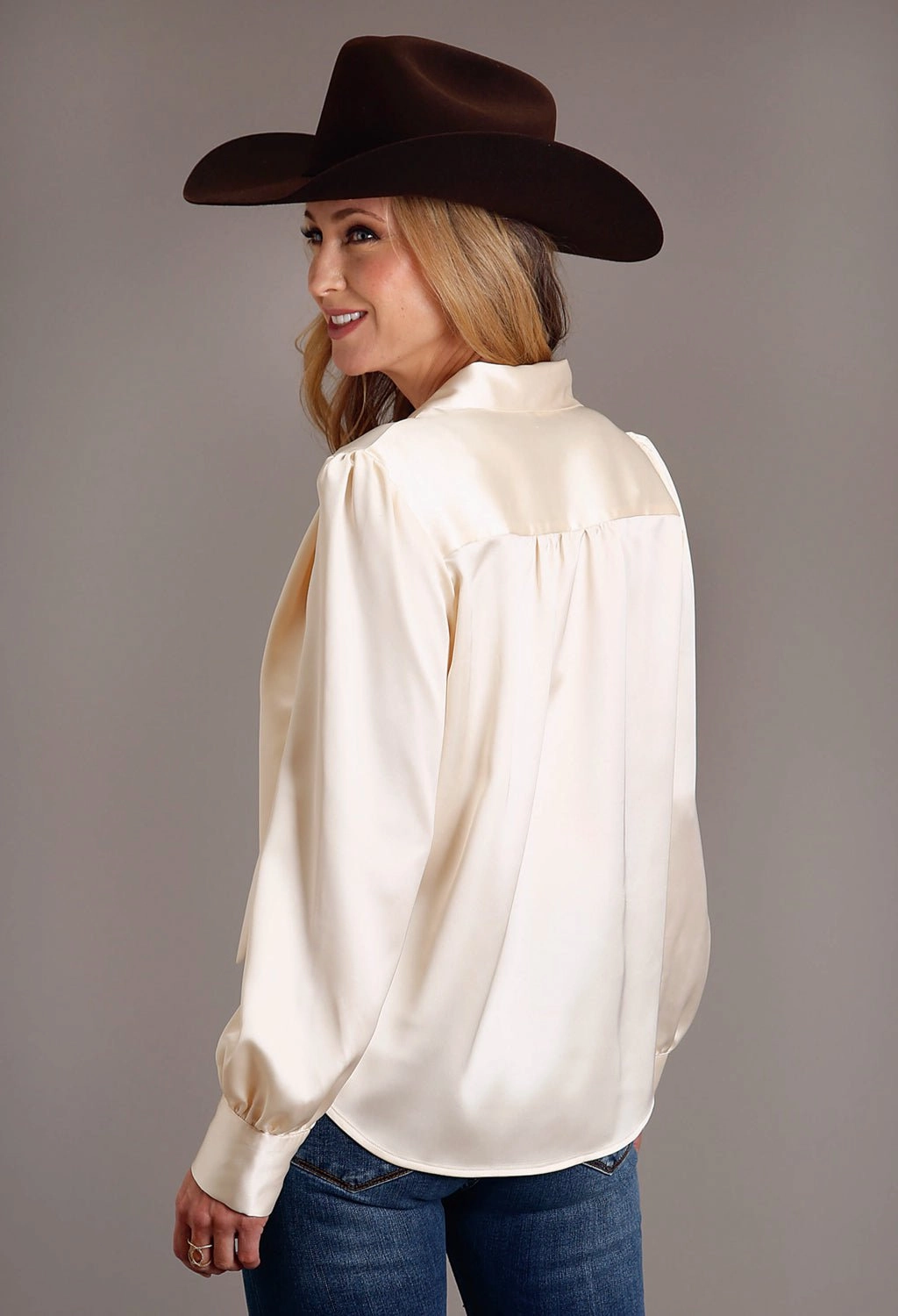 Stetson Womens Satin Button Champagne Poly/Rayon L/S Blouse Tailored Silhouette Anti Pilling Finish