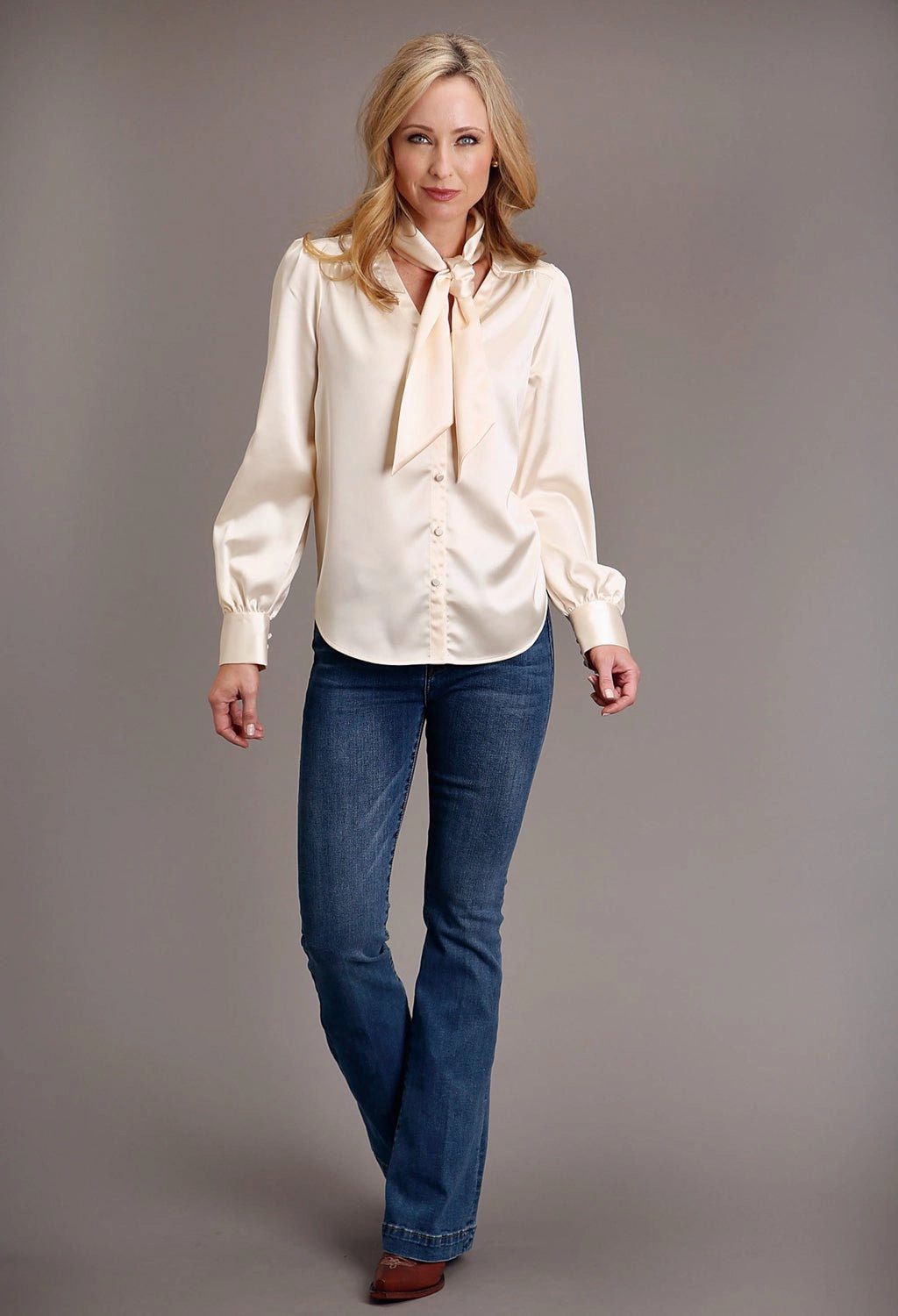Daytime Look Stetson Womens Satin Button Champagne Poly/Rayon L/S Blouse