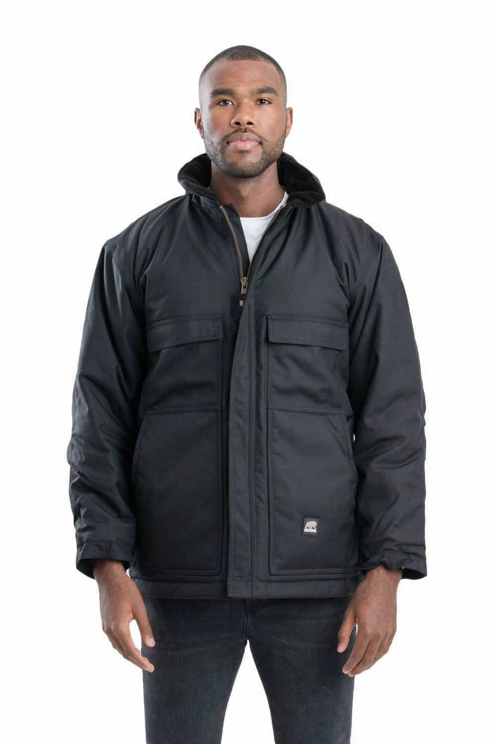 Berne Mens Black Nylon Icecap Insulated Coat Ripstop Reinforcement Soft Texture