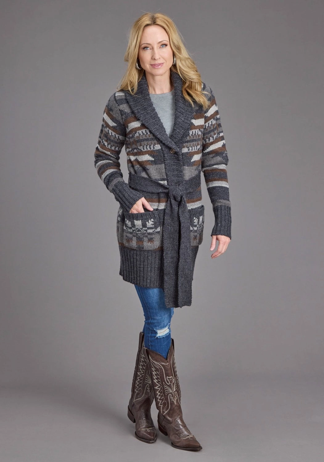 Stetson Womens Aztec Self Tie Grey/Indigo Wool Blend Cardigan Sweater Ripstop Fabric Technology Weatherproof Construction