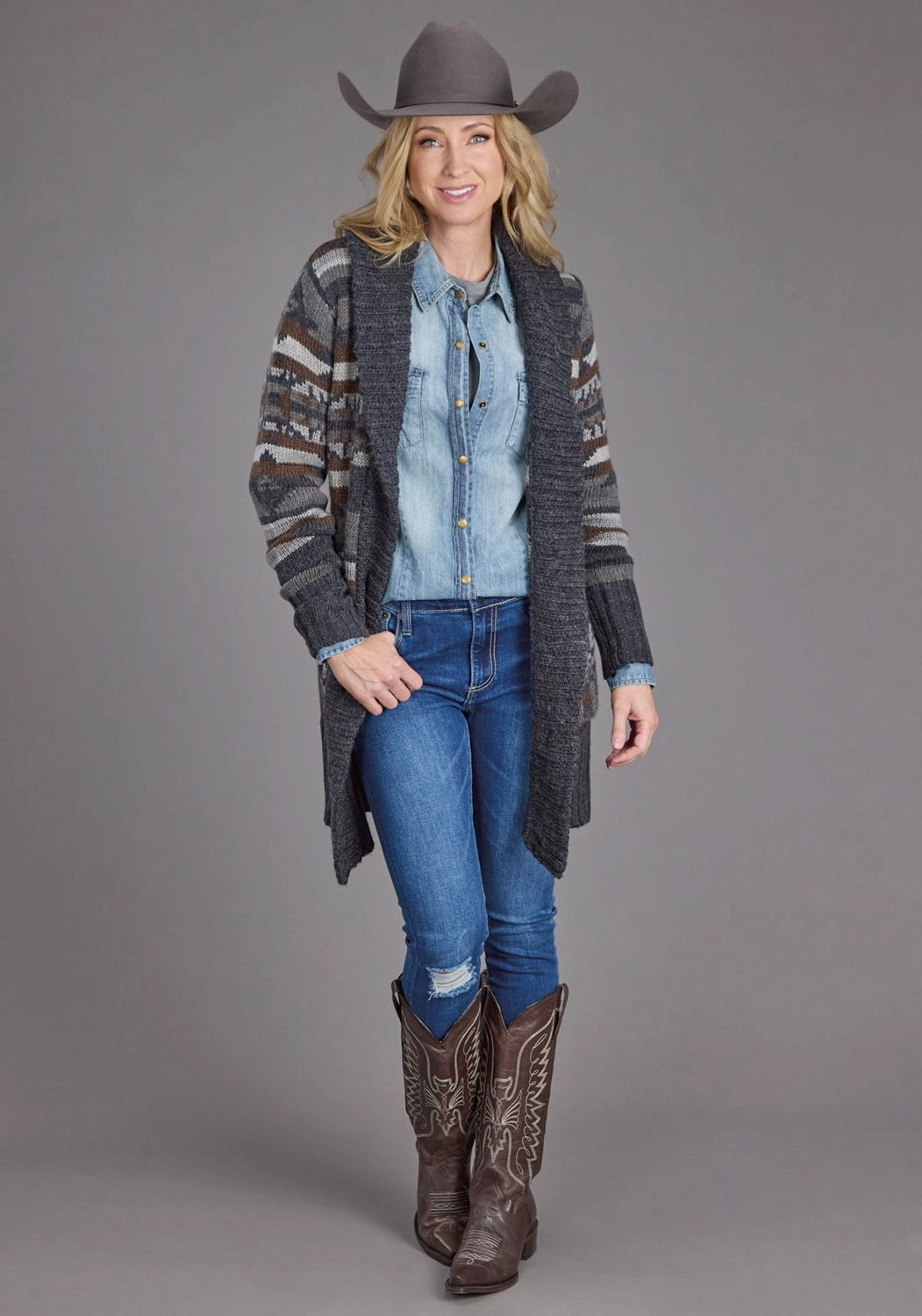 Durable Stitching Chilly Chic Stetson Womens Aztec Self Tie Grey/Indigo Wool Blend Cardigan Sweater