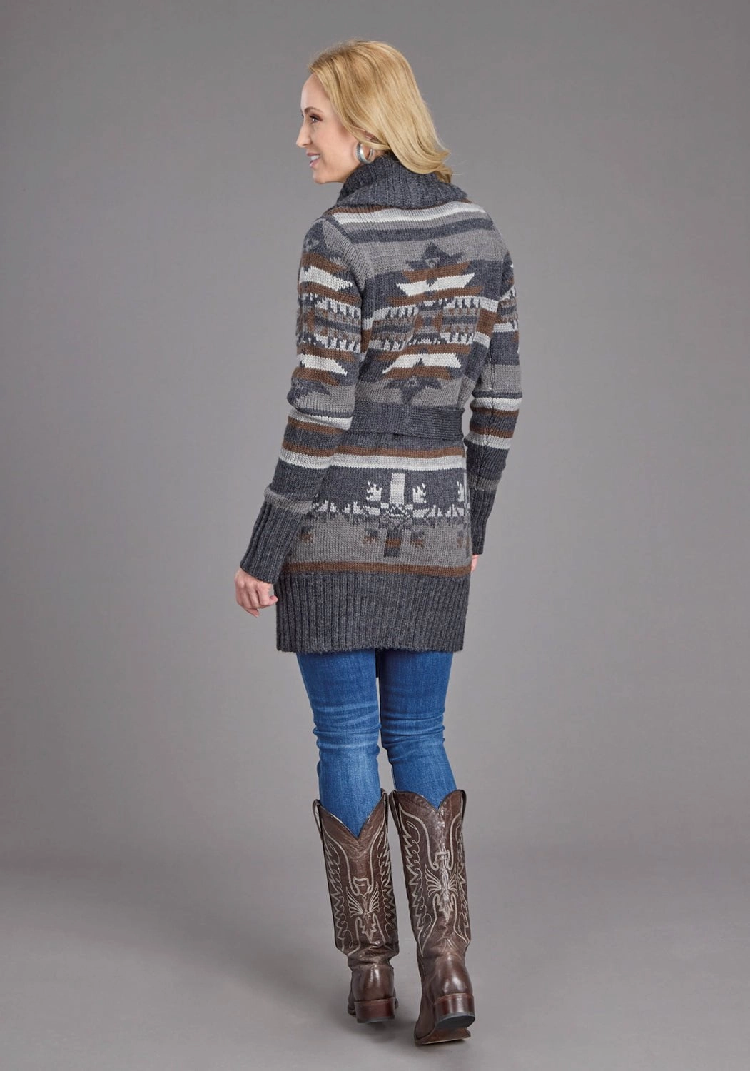 Stetson Womens Aztec Self Tie Grey/Indigo Wool Blend Cardigan Sweater Smooth Glide Fasteners High Density Weave