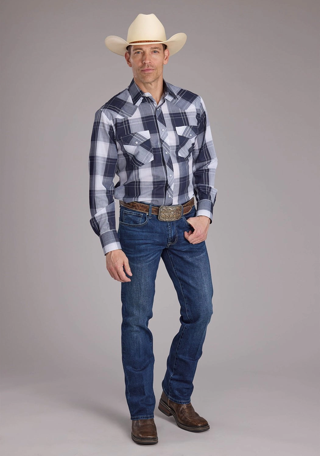 decorative element Roper Mens 2413 Windowpane Plaid Navy/White Cotton Blend L/S Shirt