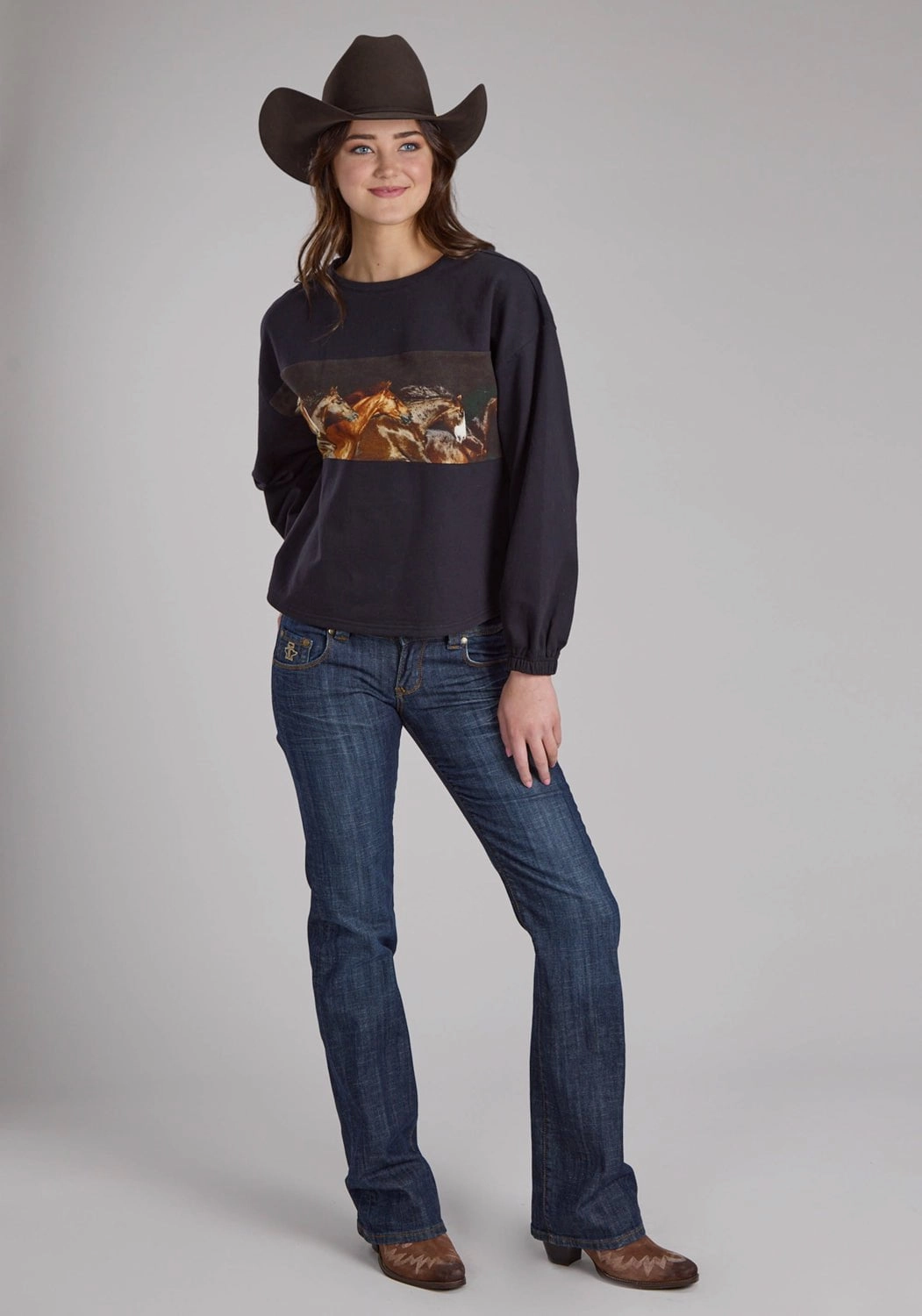 Roper Womens Running Horses Black 100% Cotton Sweatshirt Sophisticated Comfort