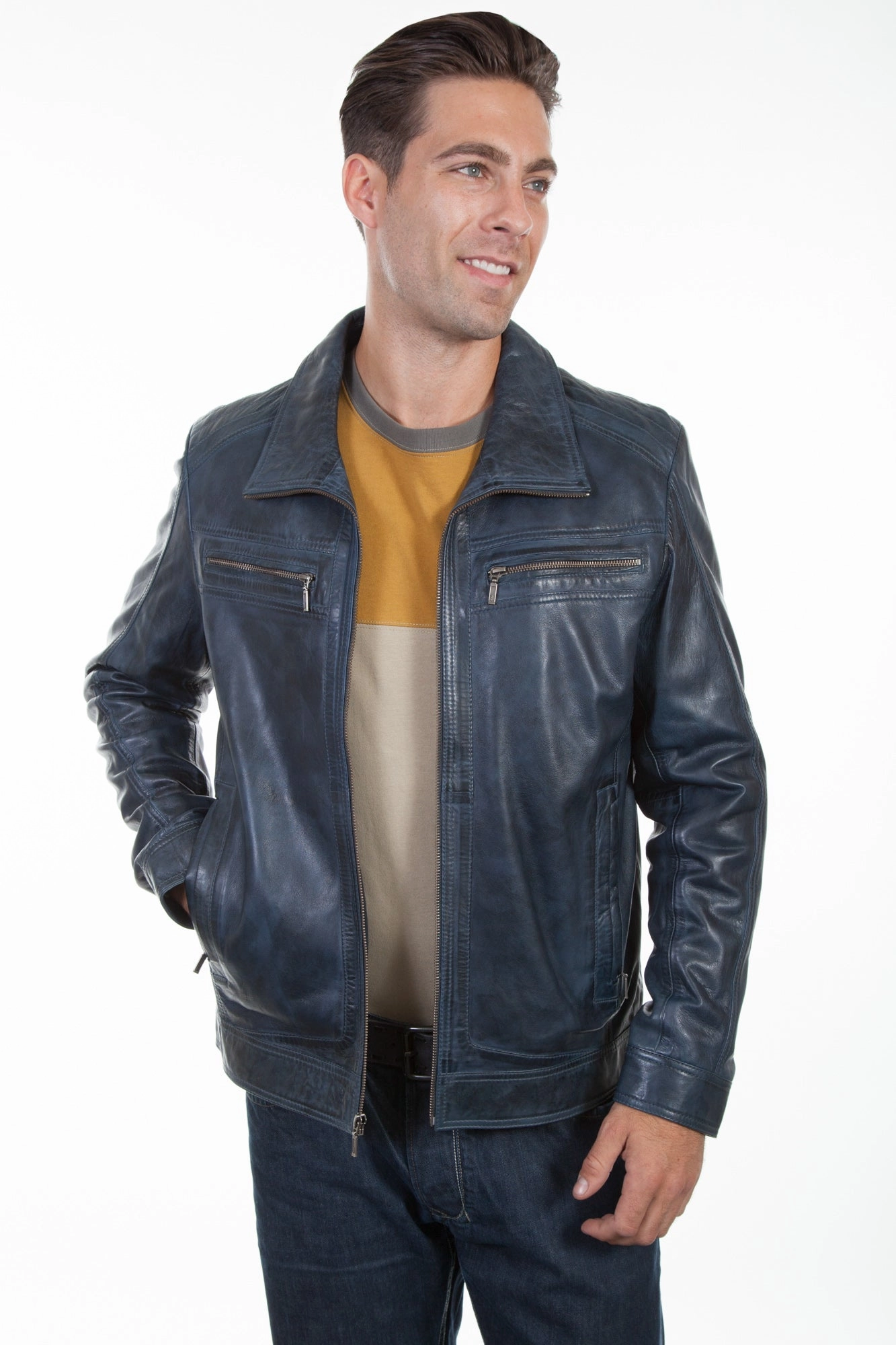 Taped Seam Technology Scully Mens Denim Lamb Leather Retro Jacket