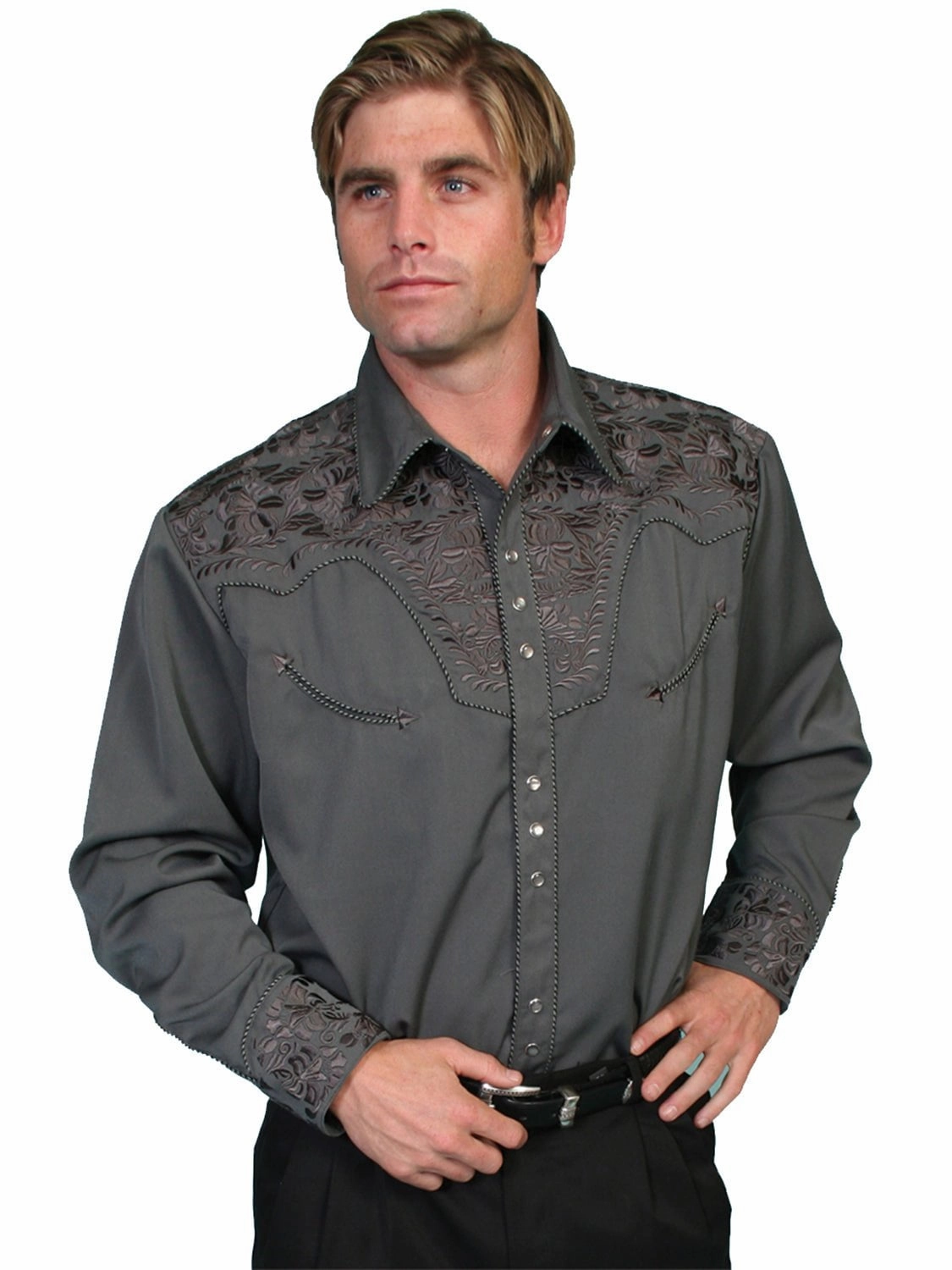 Scully Mens Charcoal Poly/Rayon Tooled Floral L/S Shirt Comfort Stretch Sleepwear