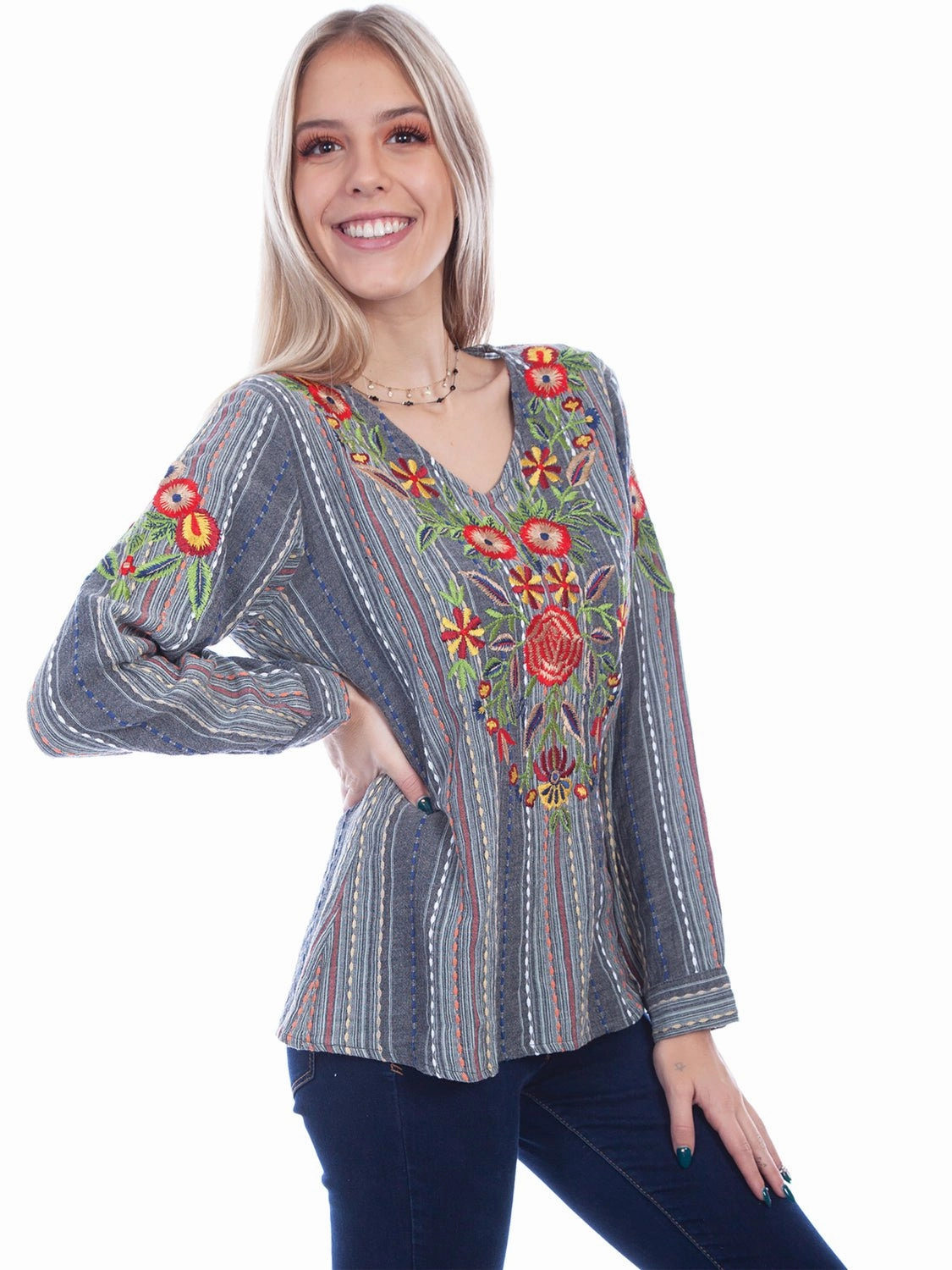 Beach Ready Scully Womens Embroidered Stripe Charcoal 100% Cotton L/S Blouse