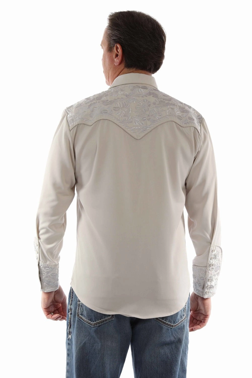 Chambray Fabric birthday celebration Scully Mens Floral Tooled Embroidery Light Grey Poly/Rayon L/S Shirt