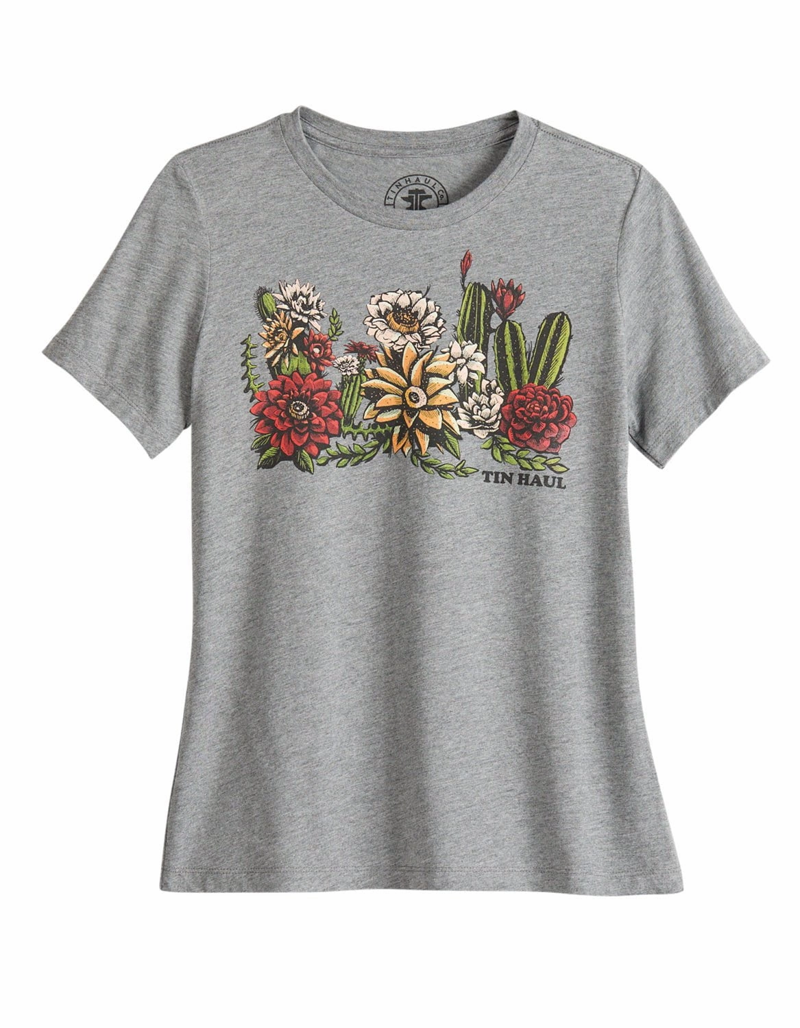 Tin Haul Womens Cactus Garden Grey Cotton Blend S/S T-Shirt Workwear Ready family gathering