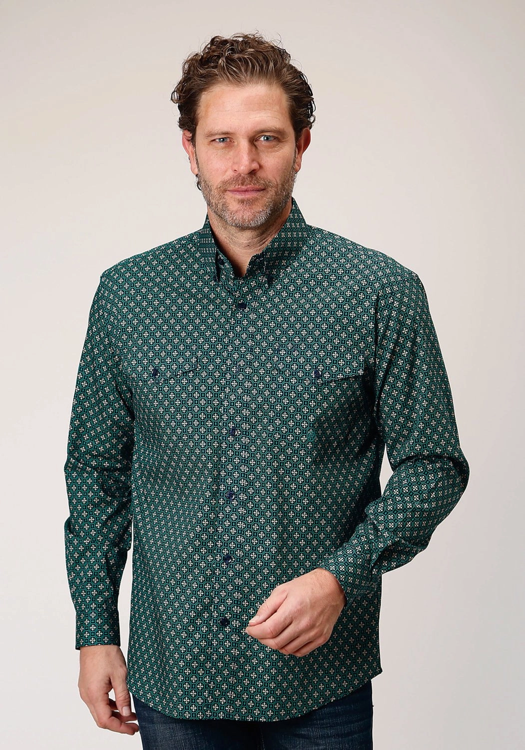 Lounge Wear Modern Aesthetic Roper Mens Cross Walk Foulard Blue 100% Cotton L/S Shirt