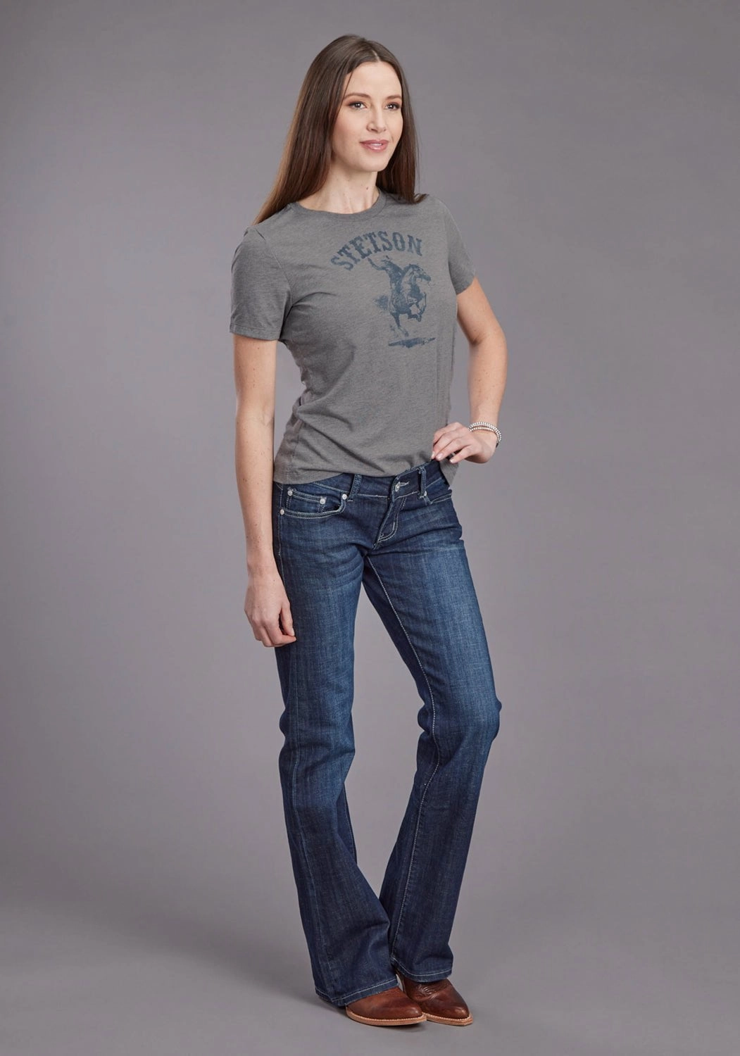 Stetson Womens Bronc Rider Grey Cotton Blend S/S T-Shirt Abstract print High-Quality Material