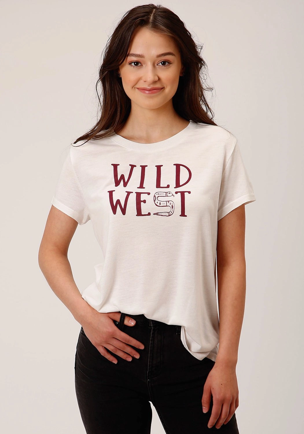 Roper Womens Wild West Ivory Poly/Rayon S/S T-Shirt City Exploration Budget Friendly