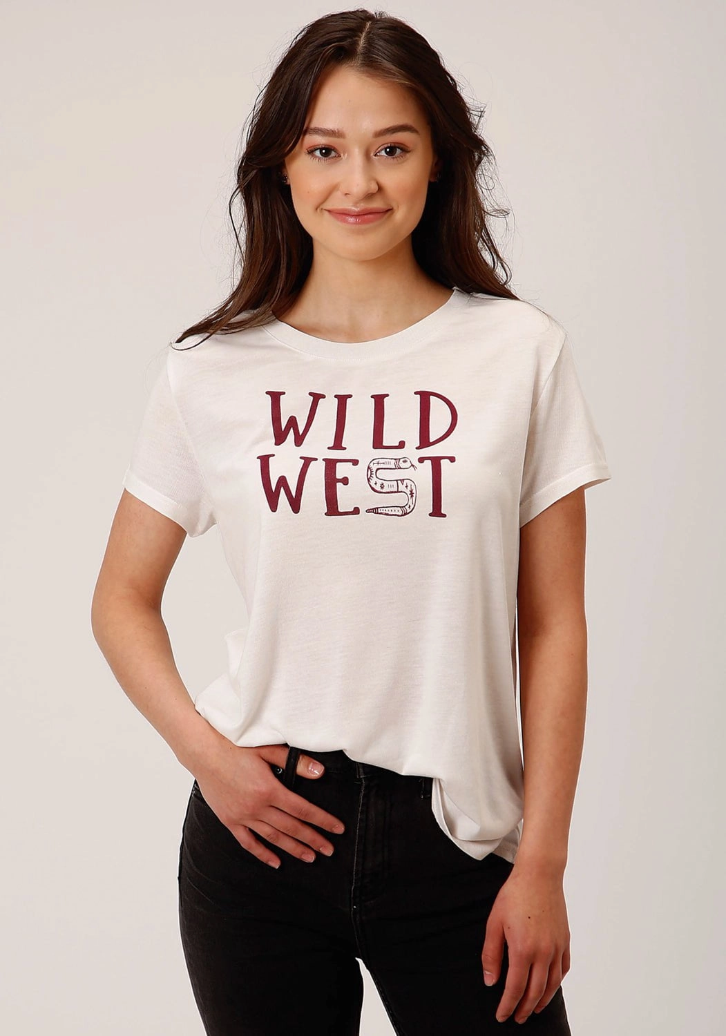 Flexible Shoulder Construction Roper Womens Wild West Ivory Poly/Rayon S/S T-Shirt